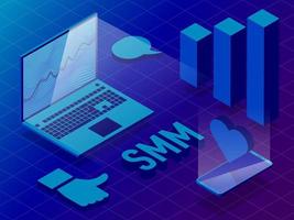 Laptop, Mobiltelefon, Diagramm, Nachrichtensymbole, Herzen usw. klein. Werbung in sozialen Netzwerken. 3D, Isometrien. Blauer Hintergrund vektor
