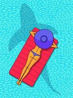 Schlankes Mädchen in Badeanzug und Hut liegt auf Matratze im Ozean mit Silhouette von Hai oder Wal. Sommerplakat. Sommer