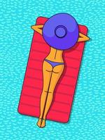 smal flicka i baddräkt och hatt ligger på madrass i havet. sommar affisch. sommartid vektor