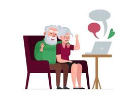 äldre par pensionerade morföräldrar sitter och pratar på laptop. webbkonferens för gamla människor. videokommunikation för seniorer. vektor eps illustration