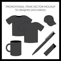 leere Designvorlagen für Präsentationen oder Logos. schwarzes Vektor-T-Shirt, Mütze, Becher, Stift, Feuerzeug vektor