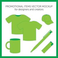 leere Designvorlagen für Präsentationen oder Logos. grünes Vektor-T-Shirt, Mütze, Becher, Stift, Feuerzeug vektor