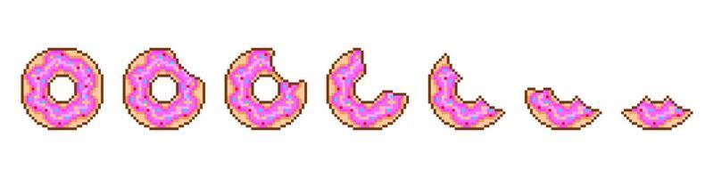 Pixel-Donut-Essbühne. Süßes Dessert mit rosa Zuckerguss und farbigen Streuseln wird nach und nach Stück für Stück gegessen. Süßwaren mit Sahnefüllung für Vektor-8-Bit-Spiele vektor