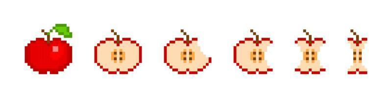 Pixel-Apfel-Essen-Animation. Rote 8-Bit-Früchte verschwinden langsam Stück für Stück und der Vektorstiel bleibt zurück. Phasen des Abbeißens von Teilen und Scheiben für Vektorspiele vektor