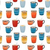 sömlösa mönster med koppar för te och kaffe, juice. bakgrund med porslin vektor