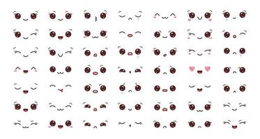 große Menge kawaii Gesichter. sammlung von kawaii augen und mündern mit unterschiedlichen emotionen. Vektor-Illustration isoliert auf weißem Hintergrund vektor