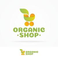 ekologisk butik logotyp set bestående av kundvagn och löv gul grön färg vektor