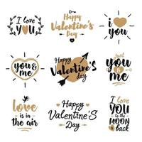 happy valentine's day label set mit schönem schriftzug typografie glückwünsche goldstil isoliert auf weißem hintergrund zur verwendung grußkarte, briefmarken, plakate und romantisches zitat. Vektor-Illustration vektor