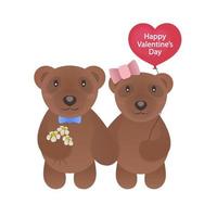 valentine bären mit rotem ballon mit zeichen happy valentines day und blumen in der hand zur verwendung grußkarte, briefmarken, etikett, poster und romantisches zitat. Vektor-Illustration