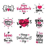 Happy Valentine's Day Label Set mit Schriftzug Typografie Textzeichen isoliert auf weißem Hintergrund für Grußkarten, Briefmarken, Poster und romantisches Zitat. Sammlung von Vektortypografieelementen vektor