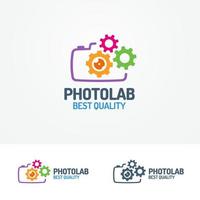 Fotolabor-Logo-Set mit Fotokamera und Zahnrädern vektor