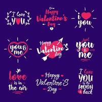 Happy Valentine's Day Label Set mit Schriftzug Typografie Textzeichen isoliert auf cyanfarbenem Hintergrund für Grußkarten, Briefmarken, Poster und romantisches Zitat. Sammlung von Vektortypografieelementen