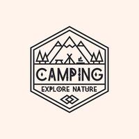 camping-logo bestehend aus bergen, camp und bäumen linienstil für erkundungsemblem, wanderaufkleber