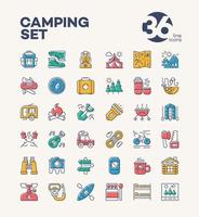 Camping- und Wandersymbole legen einen Farbstil fest, der aus Camp- und Reiseausrüstung für das Erkundungsemblem besteht vektor