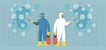 sanitärarbeiter in schutzanzügen, die chemikalien auf virus verbreiten