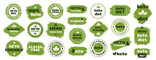 Keto-freundlicher Diät-Ernährungsvektor-Abzeichensatz auf grüner organischer Textur vektor