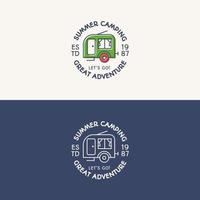 Sommer-Camping-Logo-Set Farbe und Linienstil bestehend aus Camper for Explore-Emblem, Reiseabzeichen vektor