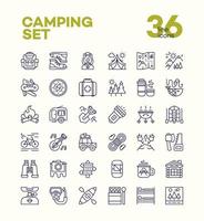 camping och vandring ikoner som linje stil som består av läger och reseutrustning för expedition etikett vektor