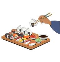 japanische Küche, Essen. Arme mit Essstäbchen für Restaurantmenüs und Poster. Lieferstellen Vektor flache Illustration isoliert auf weißem Hintergrund. Sushi-Rollen-Onigiri-Sojasauce-Set. Bild auf Lager.