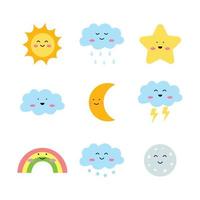 satz des niedlichen wettermaskottchen-illustrationsdesigns. emotionale Wettervorhersage. süße Sonne, Regenbogen, Sterne und fröhliche Wolken. vektor