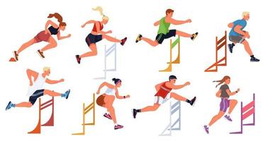 hürdenlauf, weiblich, männlich sportlicher springwettbewerb. Sportler, Hindernislauf, Hindernislaufen. vektor