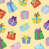 Muster aus gezeichneten Geschenkboxen in verschiedenen Farben auf gelbem Hintergrund, Seitenansicht und Draufsicht auf Boxen vektor