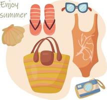 Set mit Sachen und Accessoires für den Strandurlaub. Tasche, Sonnenbrille, Badeanzug, Sommerhut, Kamera vektor