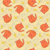 nahtloses Muster mit lustigen Comic-Katzen. süße Illustration im flachen Cartoon-Stil. Druck für Textilien, Geschenkpapier, Kinderkleidung, Kinderzimmer, Design und Dekor vektor