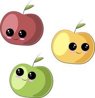 söt tecknad glad röd, grön och gul äpple vektor