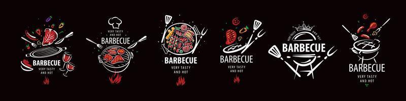 eine Reihe von gezeichneten Vektor-Barbecue-Illustrationen, die auf schwarzem Hintergrund isoliert sind vektor