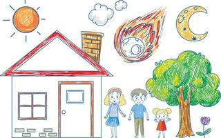 barn handritad doodle familjemedlemmar och hus vektor