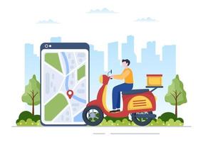 App für den Lieferservice für Lebensmittel auf einem Tracking-Smartphone, um Fertiggerichte zu bestellen und mit dem Roller in flacher Cartoon-Illustration zu Ihnen nach Hause zu liefern vektor