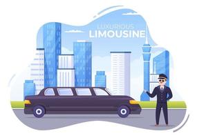 limousinenauto mit stadtansicht und luxusmetropolkonzept in flacher karikaturillustration vektor