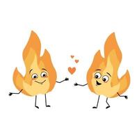 söt flamma karaktär med kärlek känslor, leende ansikte, armar och ben. eld man med roliga uttryck, varm orange person. platt vektor illustration