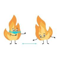 söt flamma karaktär med ansikte i medicinsk mask hålla avstånd, armar och ben. eld man med omsorg uttryck, varm orange person. platt vektor illustration