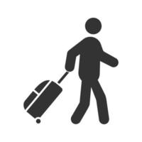 Person mit Gepäck-Glyphen-Symbol. Tourist, Reisender. Passagier. Silhouettensymbol. negativer Raum. vektor isolierte illustration