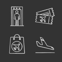 Flughafen-Service-Kreide-Icons gesetzt. Portalmetalldetektor, Flugtickets, zollfreier Einkauf, Flugzeugankunft. isolierte vektortafelillustrationen vektor