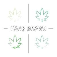 marihuanablatt handgezeichnete symbole gesetzt. Cannabis, Ganja. Farbe Pinselstrich. isolierte skizzenhafte vektorillustrationen vektor