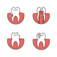 Farbsymbole für die Zahnheilkunde festgelegt. Stomatologie. Zahnfleischbluten, Zahnschmerzen, abgebrochener Zahn, Karies. isolierte Vektorgrafiken vektor