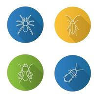 insekter platt linjär lång skugga ikoner set. spindel, kackerlacka, husfluga, stinkkryp. vektor kontur illustration