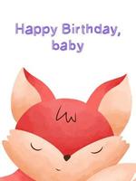 gratulationskort med en söt sovande räv uppkrupen. vektorillustration i akvarellstil med inskriptionen grattis på födelsedagen baby.eb vektor