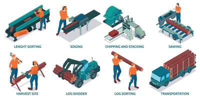 sägewerk isometrische kompositionen gesetzt vektor