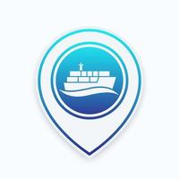 Containerschiff, Seetransport-Symbol auf dem Kartenzeiger, Vektorillustration