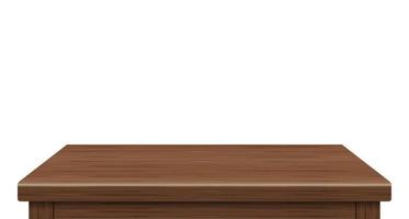 Seitenansicht des leeren Holztischs mit freiem Speicherplatz für Ihr Copy-Branding. Wird für Display- oder Montageprodukte verwendet. Vintage-Stil-Konzept. Holzbraune realistische Oberfläche isoliert auf weißem Hintergrund. 3D-Vektor. vektor