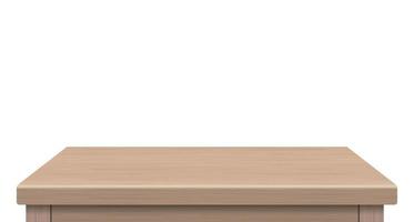 Seitenansicht des leeren Holztischs mit freiem Speicherplatz für Ihr Copy-Branding. für Display- oder Montageprodukte verwendet. Vintage-Stil-Konzept. Holzbraune realistische Oberfläche isoliert auf weißem Hintergrund. 3D-Vektor.