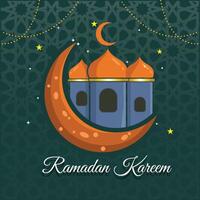 ramadan kareem grußkarte hintergrundvektordesign, islamische feiertage, mit sternlampenmoscheendesign und arabischer schrift vektor
