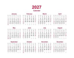kalenderår mall 2027. uppsättning av tolv månaders kalender. vektor