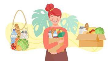 flicka håller papperspåse med gröna livsmedelsbutiker. uppsättning återanvändbara påsar och kartong med frukt, grönsaker, mjölk, bröd. livsmedelsprodukter i återanvändning eko och papperspaket.ekologiska produkter från gården. vektor