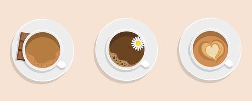 Draufsicht, Kaffeebecher. Cappuccino, Kaffee mit Kamille, Kaffee mit Schokolade. illustration für ein café, ein café oder ein restaurant. vektor