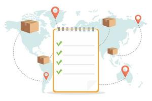 uppfyllda beställningar, snabb paketleverans. globalt logistiknätverk. världskarta med last i rörelse. vektor